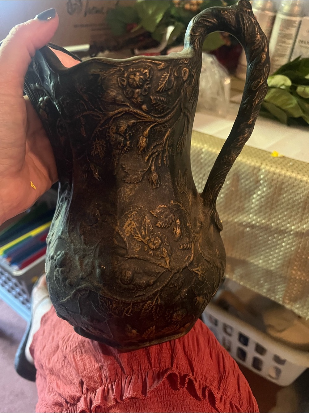 Antique-Style Embossed Floral Metal Pitcher - Dark Bronze Finish